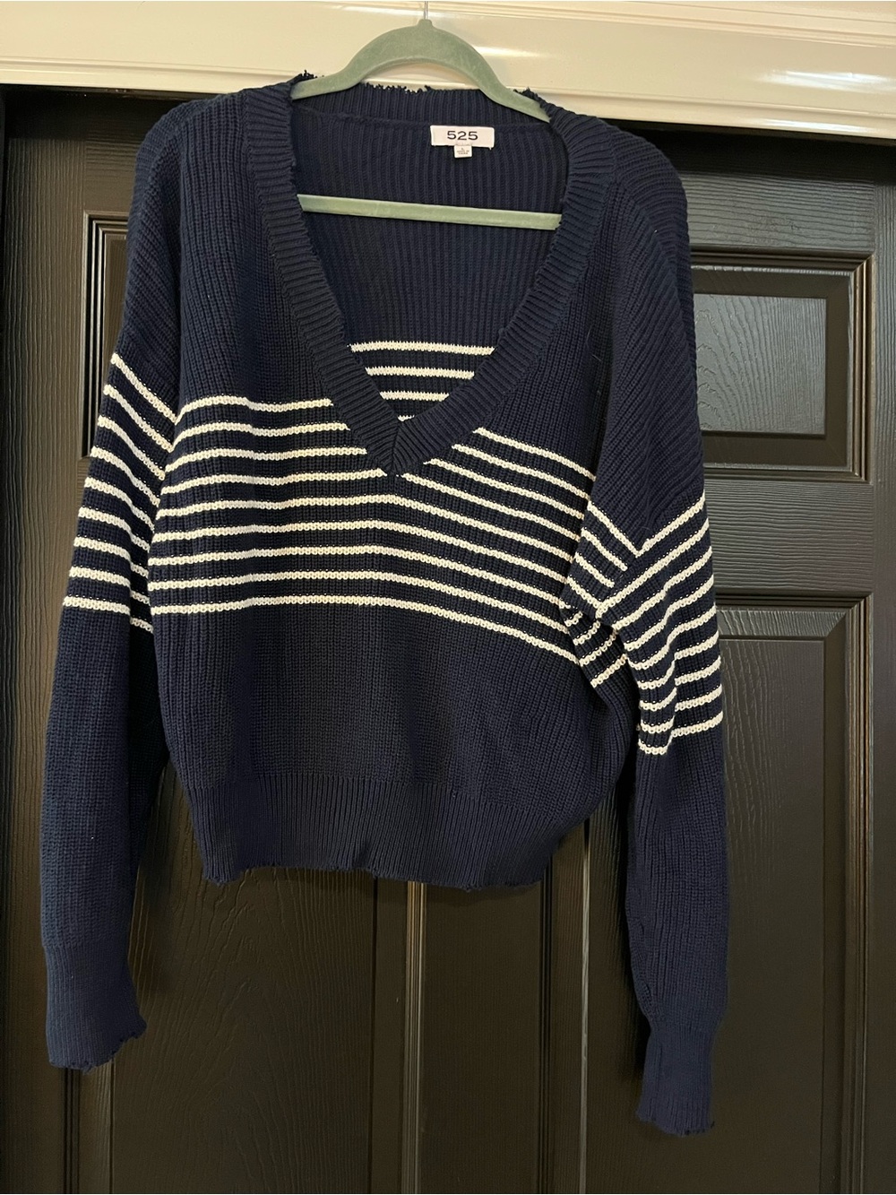 525 America Navy and White Striped V-Neck Sweater